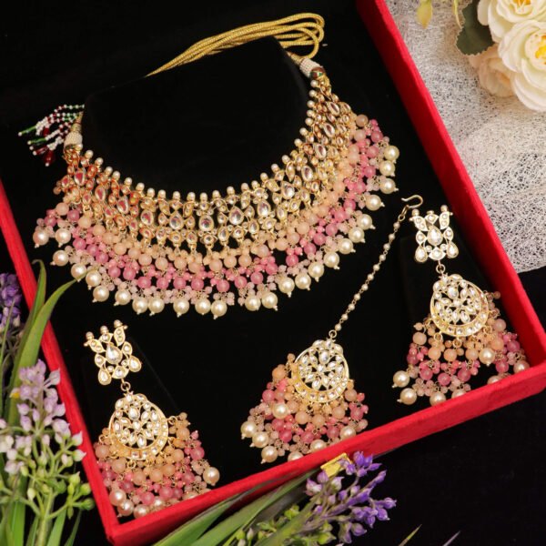 Ethereal Elegance Pastel Pink Pachi Kundan Party Jewellery Set for Rent