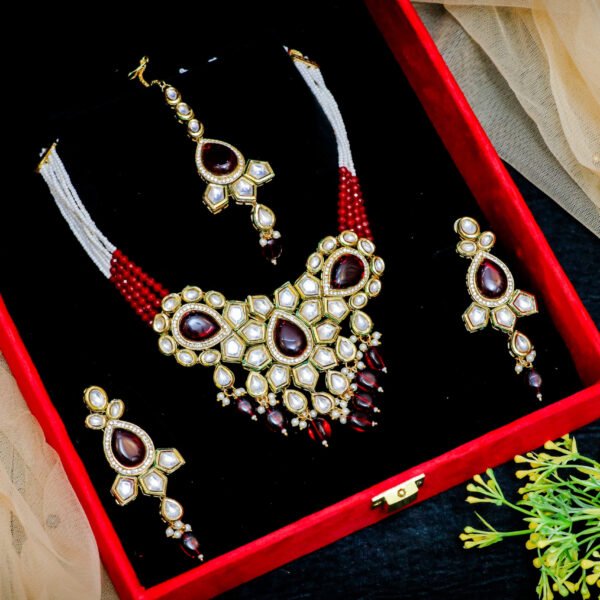 Elegant Ruby Kundan Party Jewelry Set for Rent - Necklace, Earrings, Tikka