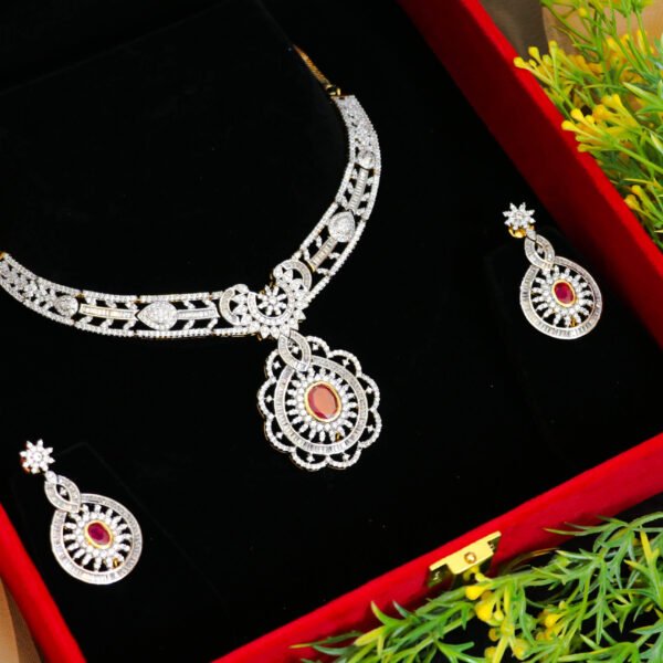 Beautiful Ruby American Diamond Necklace Set for Rent - Necklace, Earrings