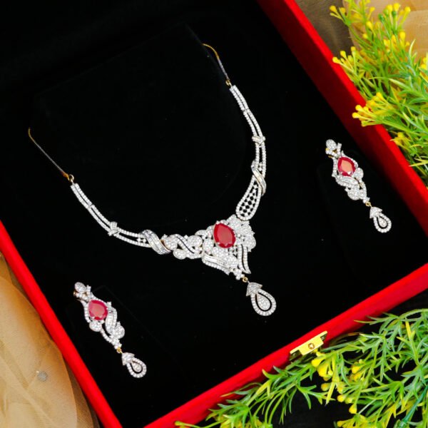 Ruby American Diamond Necklace with Long Earrings for Rent - Necklace, Earrings