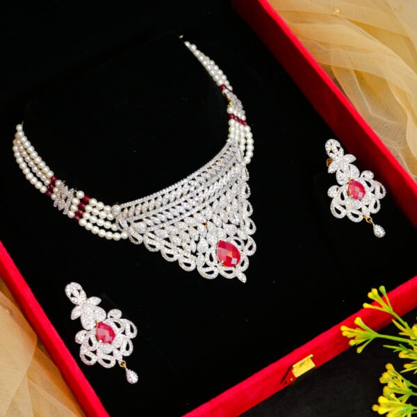 American Diamond Ruby Gulband Set for Rent - Necklace, Earrings