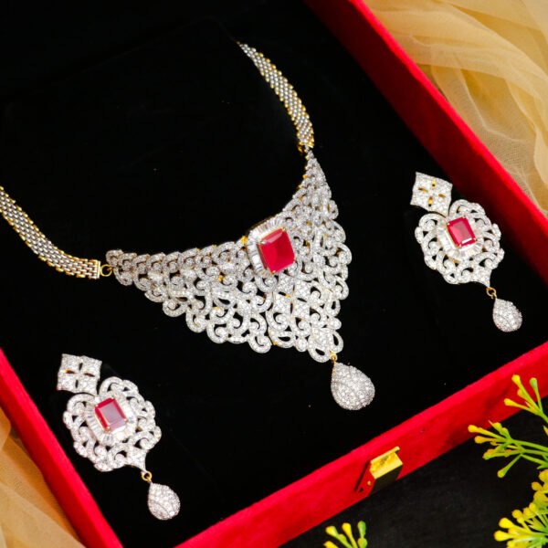 American Diamond Ruby Choker Set with Cartier Chain for Rent - Necklace, Earrings