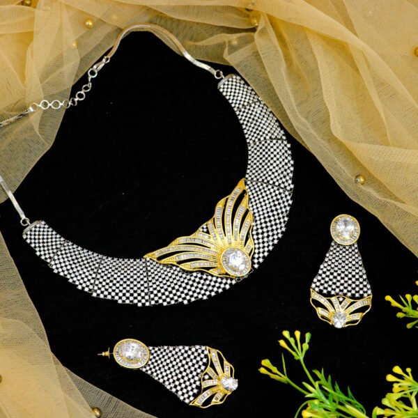 Exclusive American Diamond Necklace Set with Victorian Polish for Rent - Necklace, Earrings