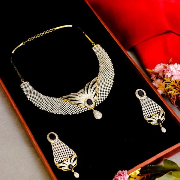 Blue Stone and Neelam American Diamond Necklace Set for Rent - Necklace, Earrings