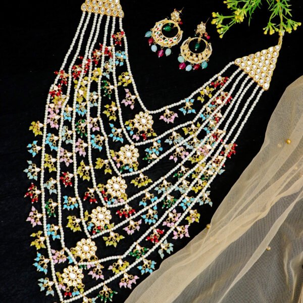 Elegant Kundan Rani Haar with Multi-color Beads for Rent - Necklace, Earrings, Rani Haar