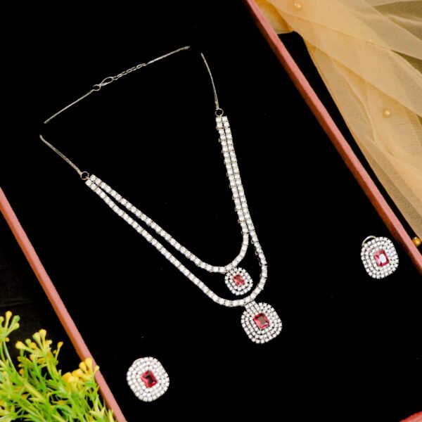 Two-line American Diamond Set with Amethyst Stone for Rent - Necklace, Earrings