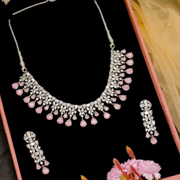 Stylish Pink American Diamond Set for Rent - Necklace, Earrings