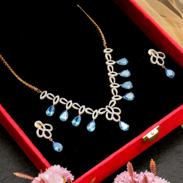 Stylish Feroza Stone American Diamond Set for Rent - Necklace, Earrings